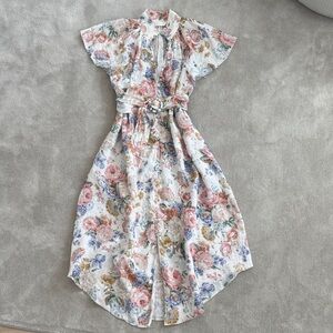 Zimmermann White Floral Button-Up Dress with Pink and Green Accents, size 0